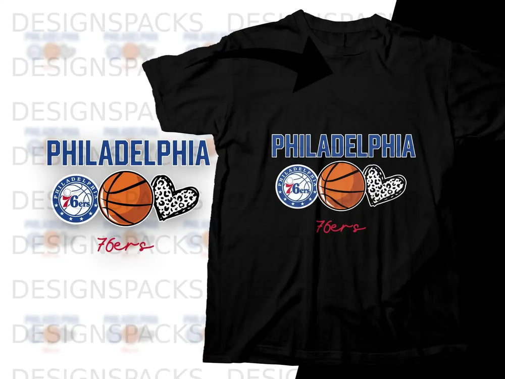 Philadelphia 76ers logo with basketballs and hearts on a black t-shirt.