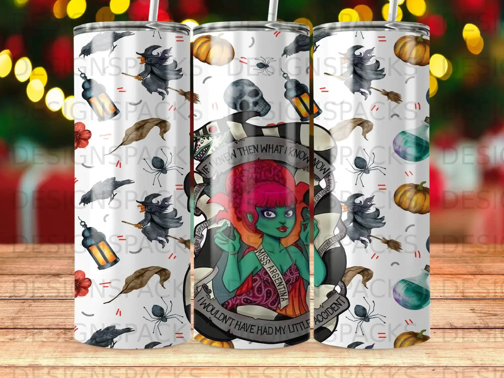 Halloween-themed tumbler with witch, pumpkins, and text "I wouldn't have had my little accident".