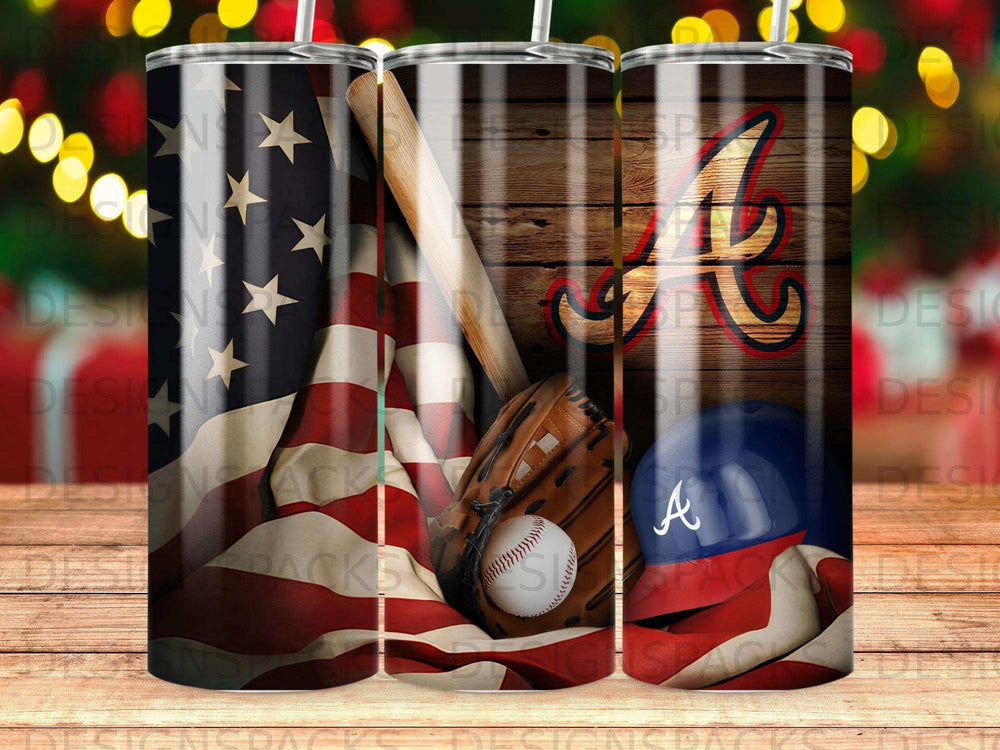 Baseball glove, ball, and wooden bat against American flag and wooden background.