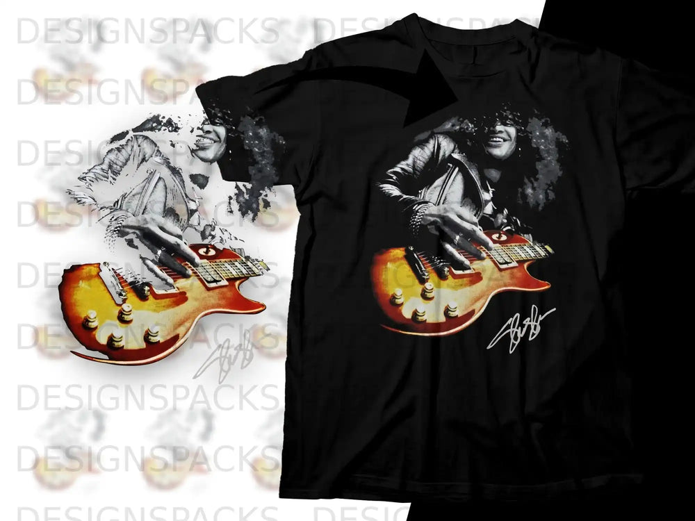 Black t-shirt with a graphic of Slash playing a red and yellow guitar.