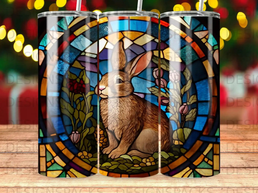 Bunny in stained glass window with floral and berry details.