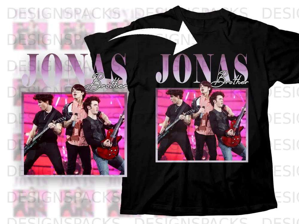 Jonas Brothers band photo on black t-shirt with band name.