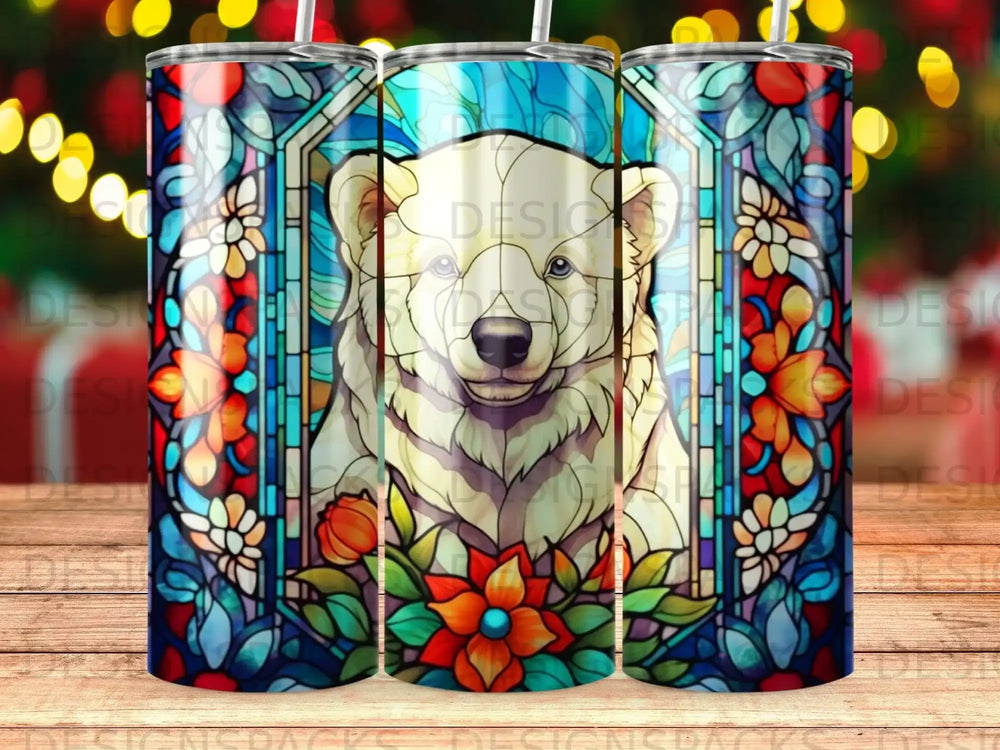 Stained glass polar bear with colorful floral border.