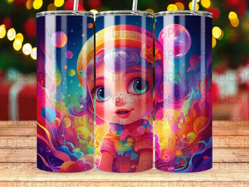 Colorful tumbler with cartoon girl wearing hat and colorful background.