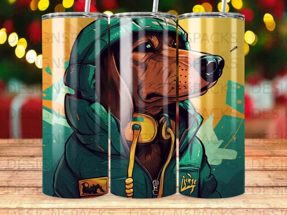 Brown dog wearing a green hoodie and headphones, cartoon art on tumblers.