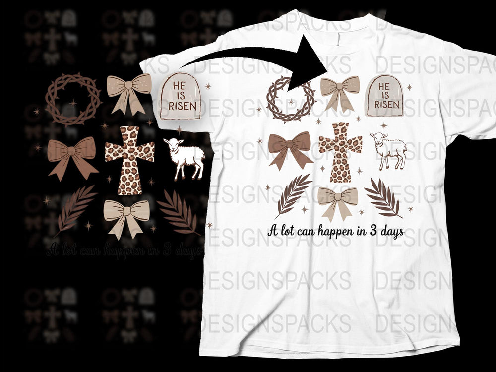 Christian Easter T-Shirt He is Risen, Floral Cross Design, Religious Tee, Spring Apparel with Deer and Dove Motifs