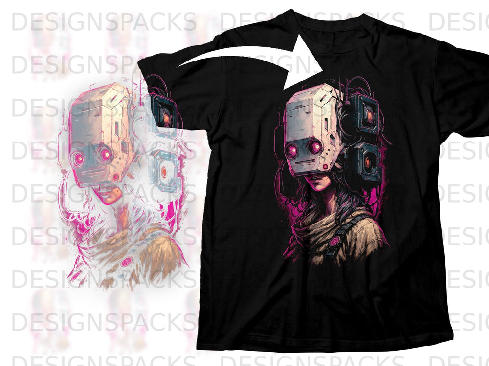 Black t-shirt featuring a cyberpunk character wearing a robotic helmet.