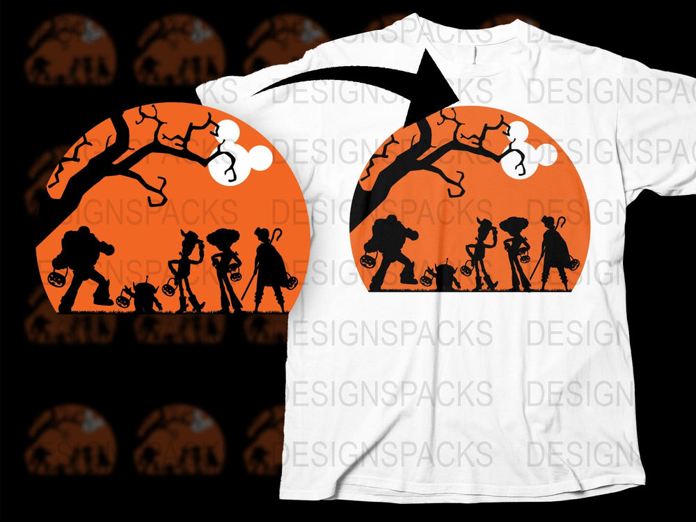 Halloween T-Shirt Orange Silhouette Trick or Treat Kids and Ghosts Graphic Tee