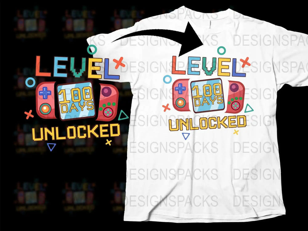 Level 100 Days Unlocked T-Shirt, Gaming Console Graphic Tee, Colorful Gamer Shirt for Kids and Adults