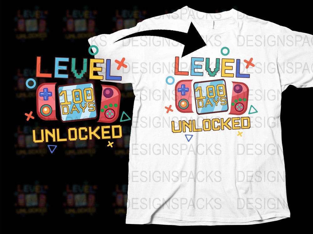 Level 100 Days Unlocked T-Shirt, Gaming Console Graphic Tee, Colorful Gamer Shirt for Kids and Adults