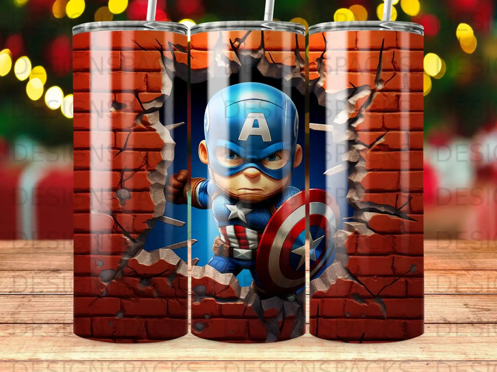 Captain America peeks through a brick wall, holding his shield.