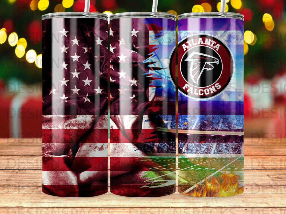 Atlanta Falcons logo on American flag tumbler with stadium background.
