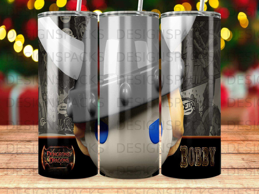 Dungeons & Dragons tumbler with "Bobby" text and comic art.