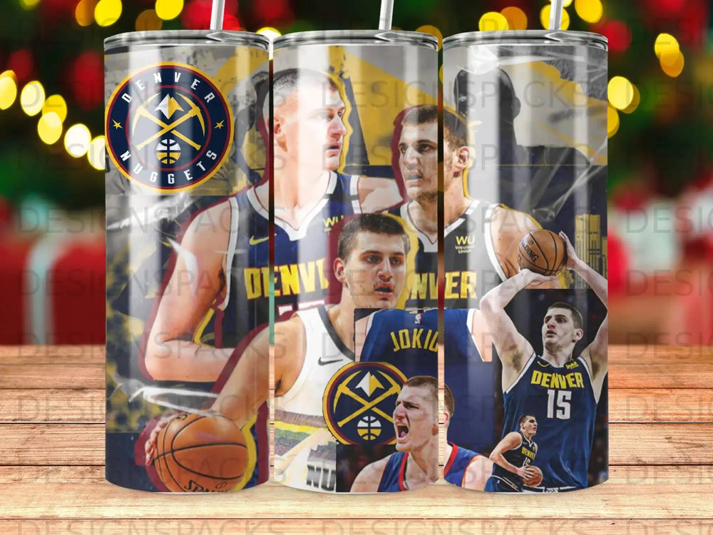 Nikola Jokic in Denver Nuggets jersey with basketballs and team logos.