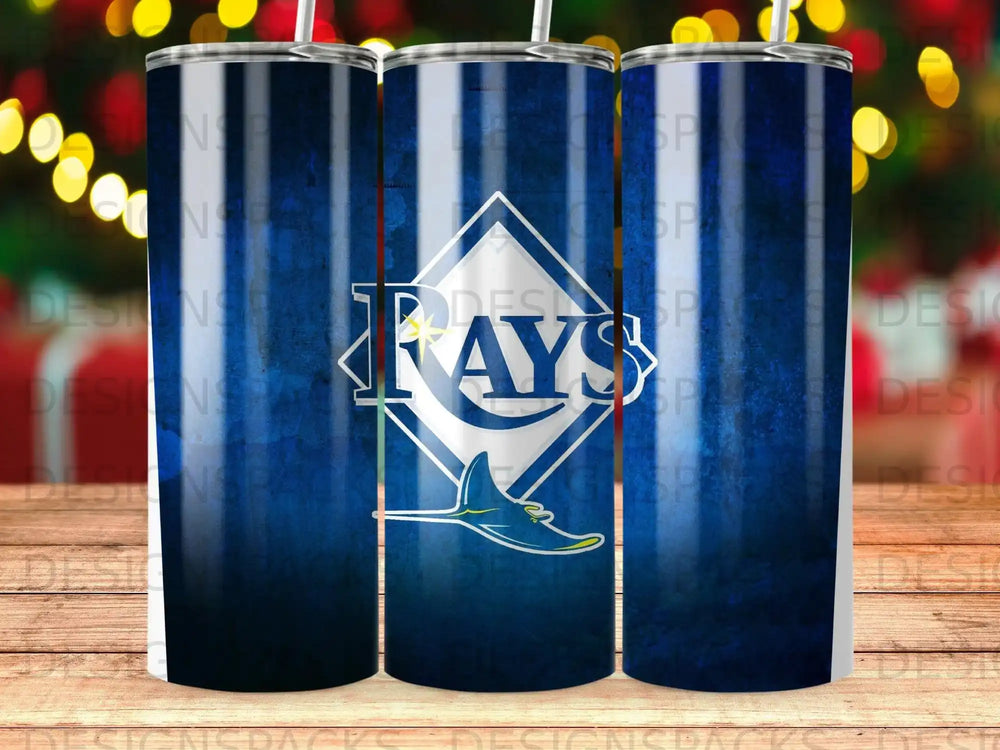 Tampa Bay Rays logo on a blue gradient textured tumbler.