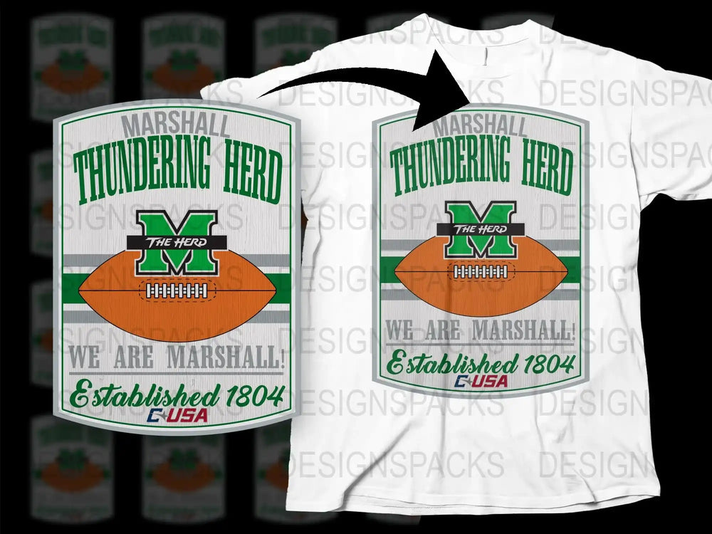 Marshall University Thundering Herd Graphic T-Shirt, Football Fan Apparel, Green and White Tee, Vintage Style, Unisex Sizes