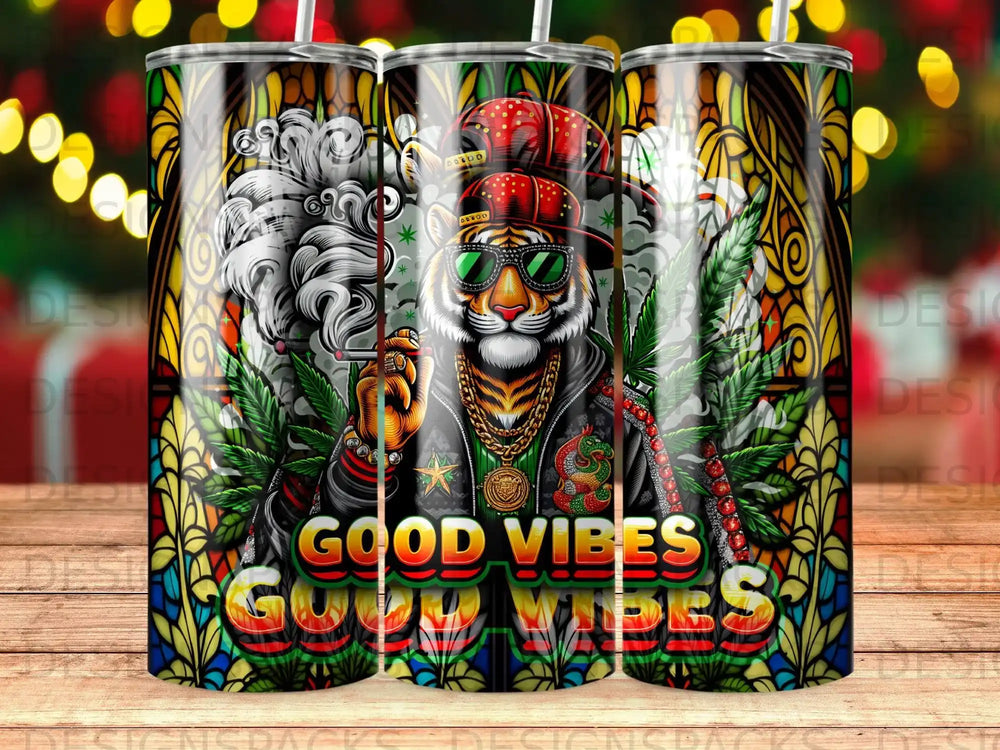 Tiger wearing sunglasses and smoking, with cannabis leaves, on stained glass background.