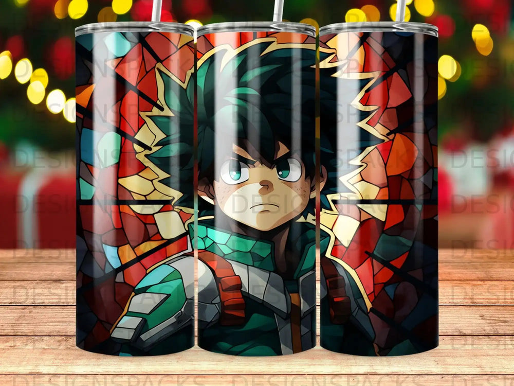 Izuku Midoriya from My Hero Academia in stained glass style.