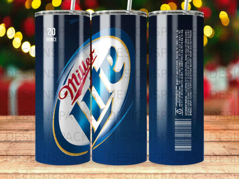 Miller Lite 20 ounce tumbler with logo and nutritional information.