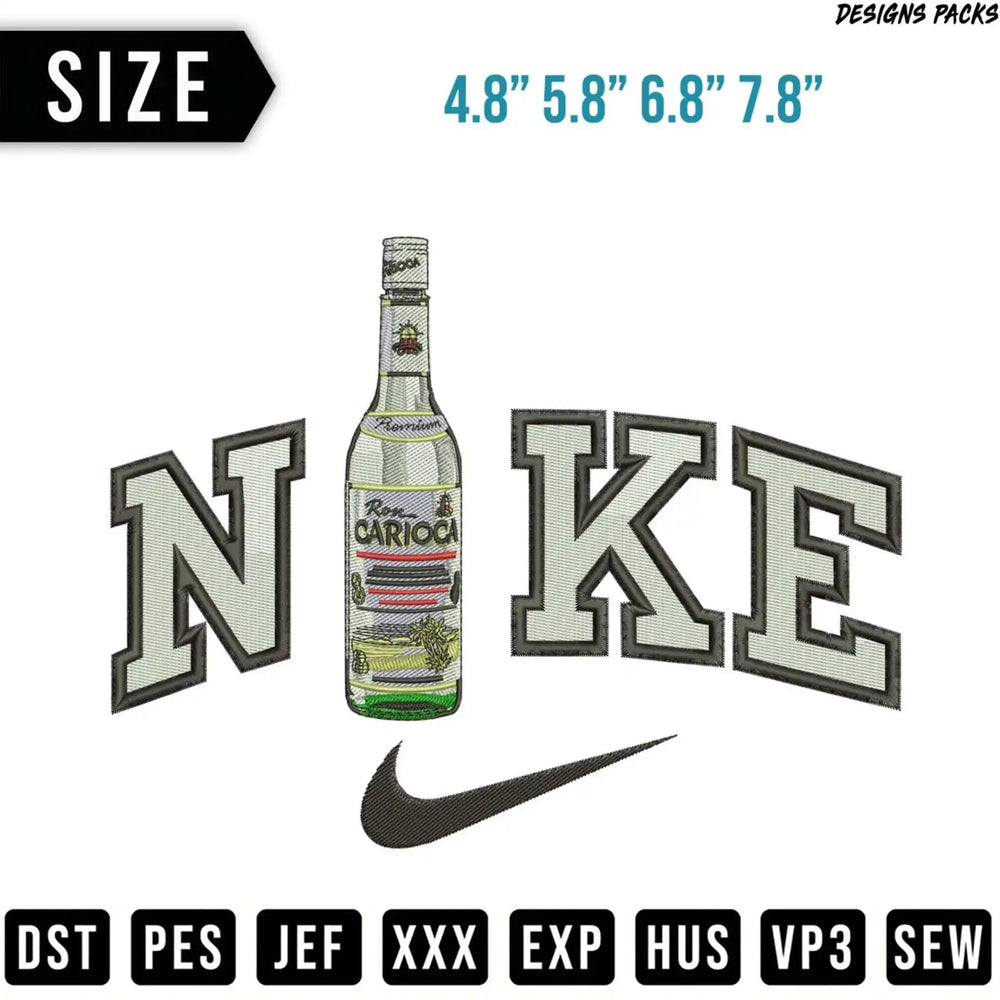 Bottle of rum between "N" and "KE" Nike logo, with size options.