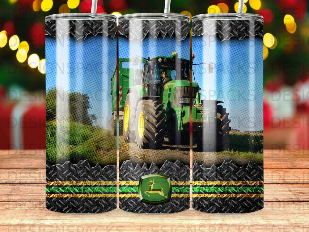 Green tractor with John Deere logo on diamond plate background.