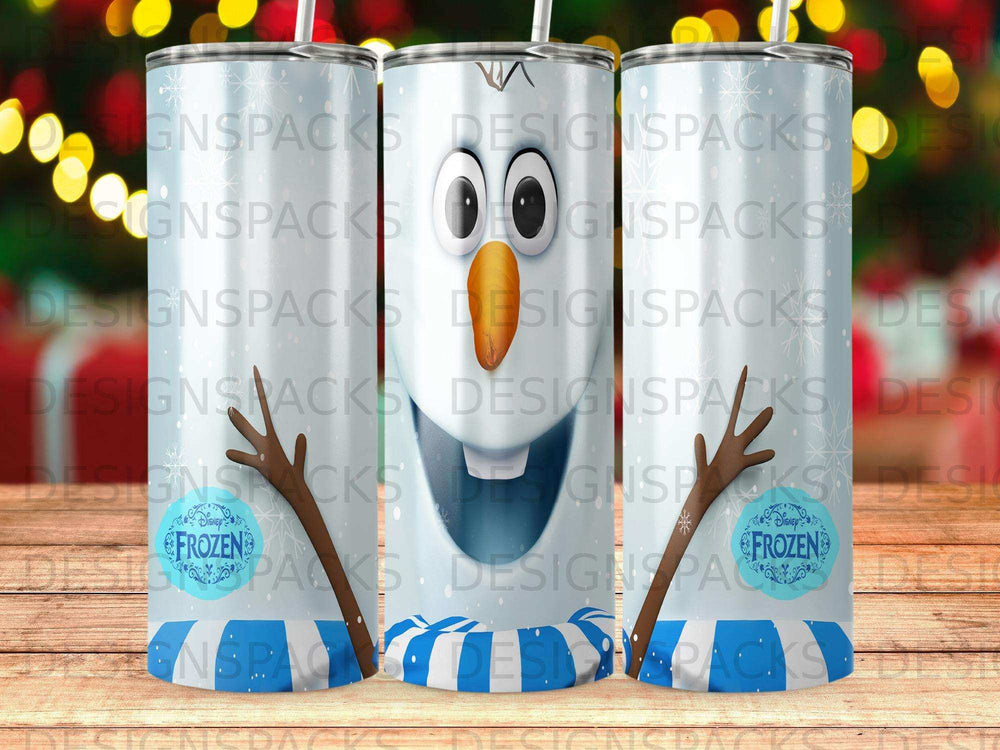 Olaf from Frozen on a white tumbler with snowflakes and Disney Frozen branding.