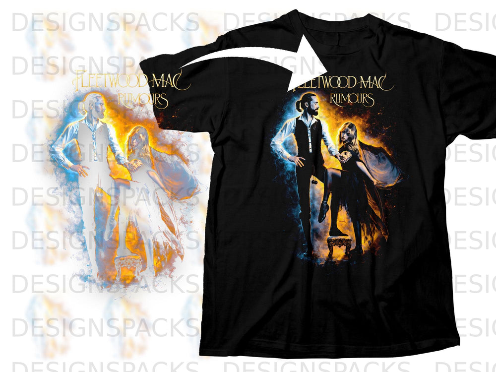 Black t-shirt with Fleetwood Mac "Rumours" album art featuring two figures.