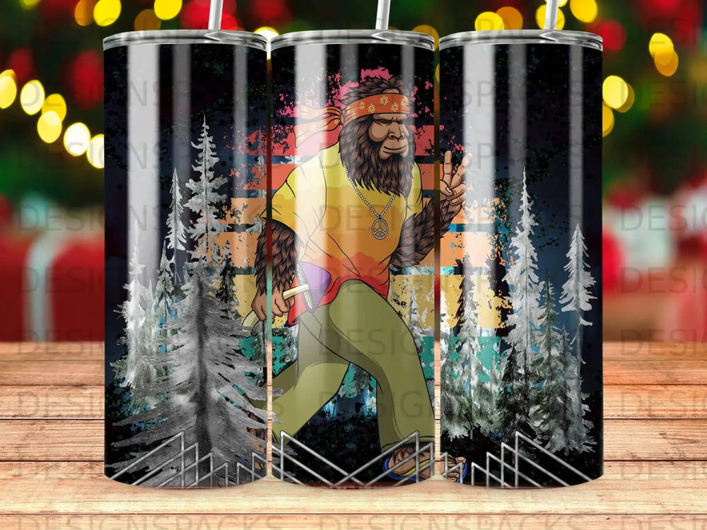 Yeti wearing a bandana and peace necklace, walking through a forest.