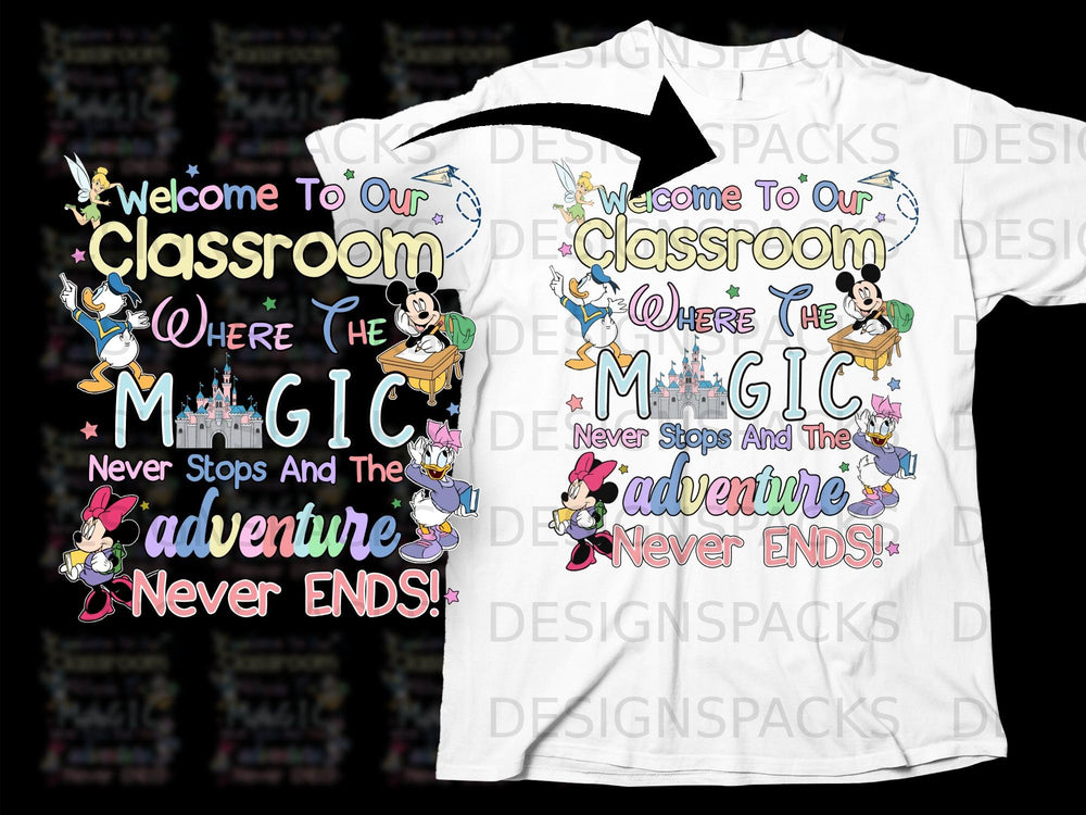 Disney characters welcome to our classroom where the magic never stops and adventure never ends.