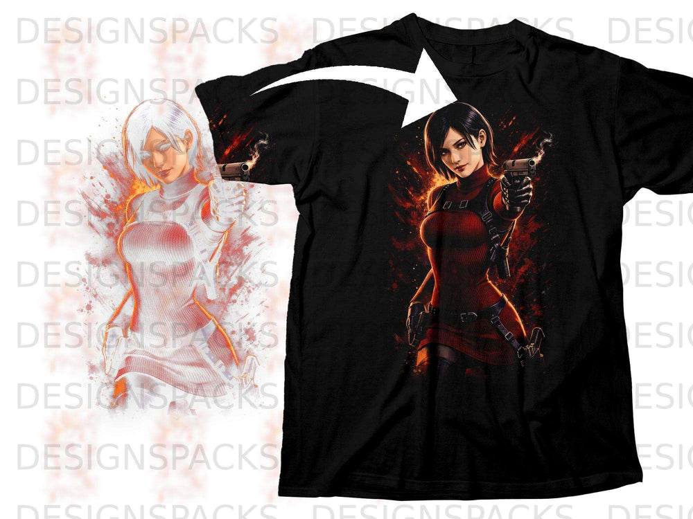 Black t-shirt with Ada Wong character art holding a gun, fiery background.