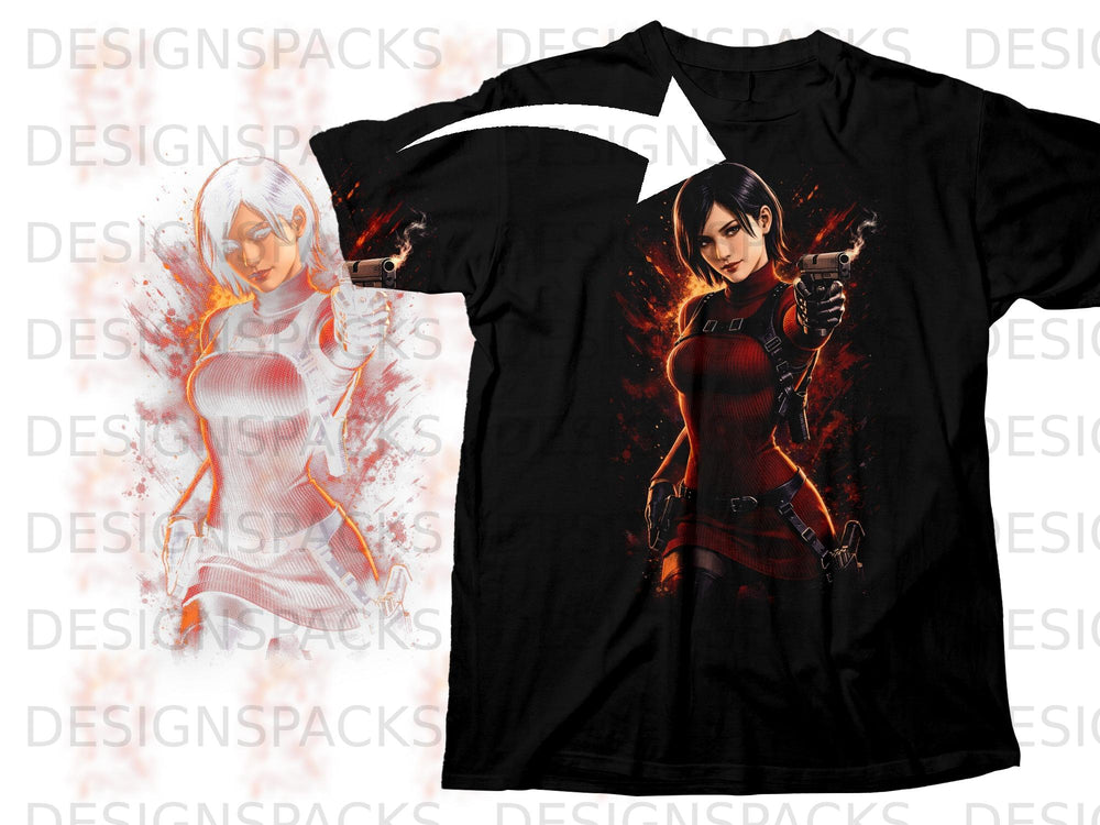 Black t-shirt with Ada Wong character art holding a gun, fiery background.
