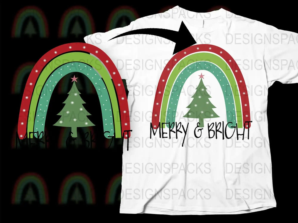 Merry and Bright Christmas Tree Rainbow T-Shirt, Festive Holiday Graphic Tee, Unisex Xmas Apparel, Colorful Winter Clothing