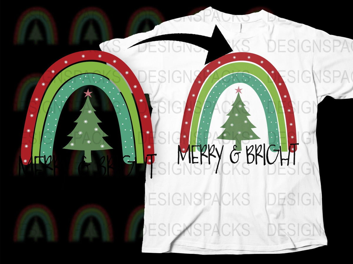 Merry and Bright Christmas Tree Rainbow T-Shirt, Festive Holiday Graphic Tee, Unisex Xmas Apparel, Colorful Winter Clothing