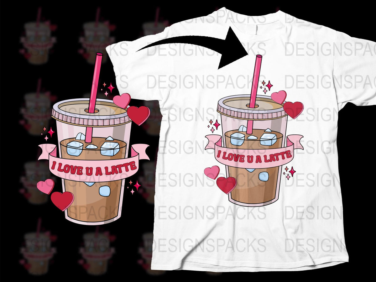 Cute Coffee Lover T-Shirt 'I Love U a Latte' Graphic Tee with Hearts and Iced Coffee Cup Design