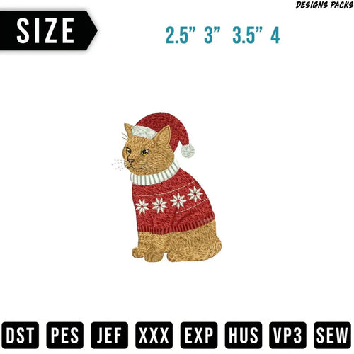 Cat wearing a Christmas sweater and Santa hat with size options.