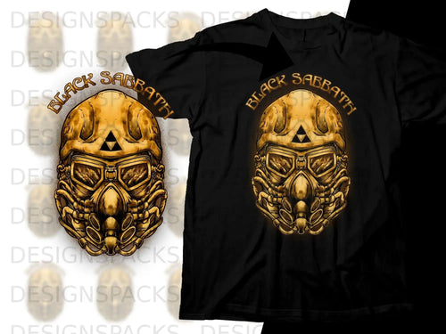 Black Sabbath skull mask graphic on black t-shirt.