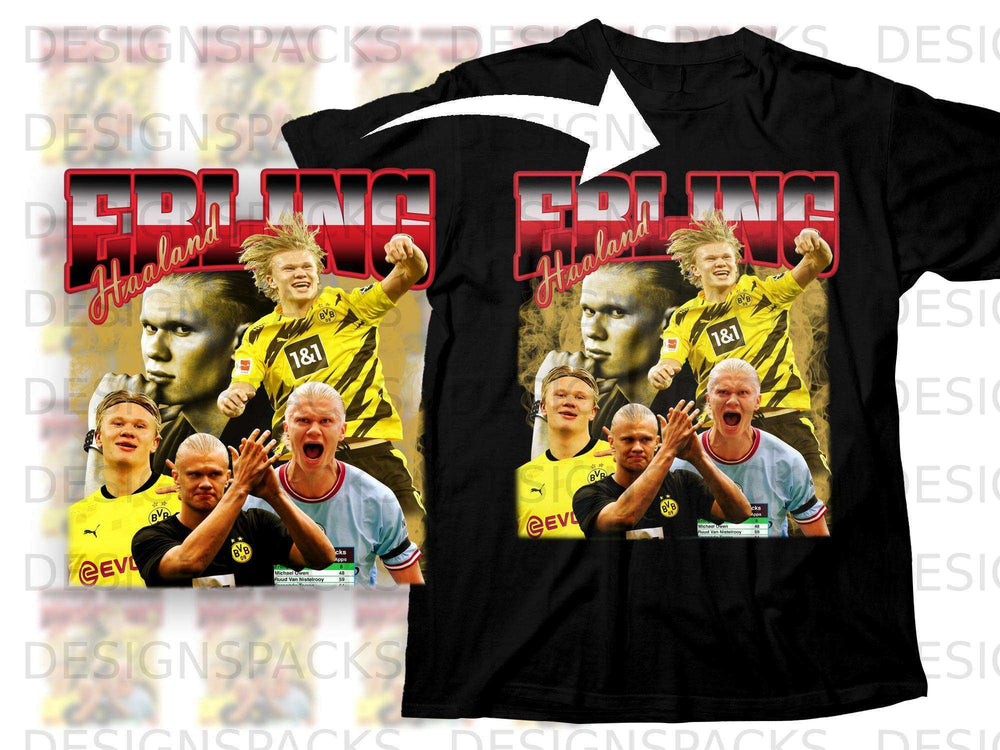 Black t-shirt with Haaland graphic and football player names.