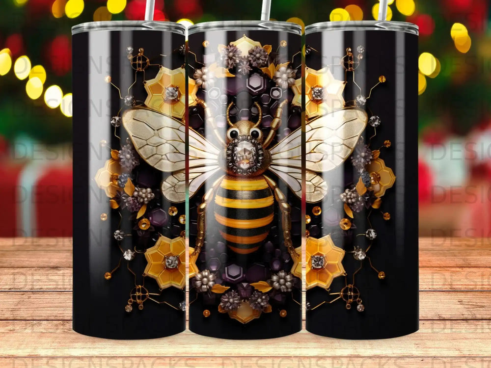 Bee and floral design on a black tumbler.