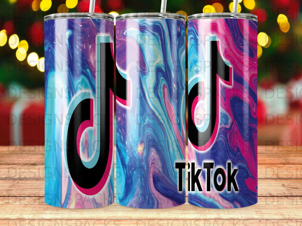 TikTok logo on a tumbler with a marbled pink and blue design.