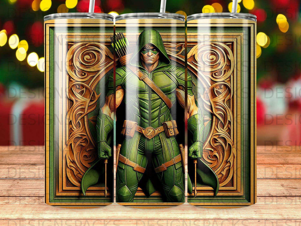 Green Arrow character graphic on a tumbler design.