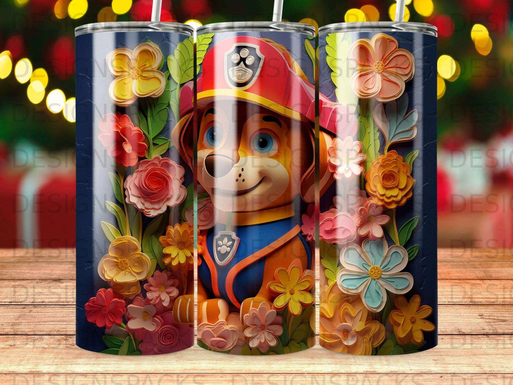 Marshall from Paw Patrol surrounded by colorful flowers and foliage.