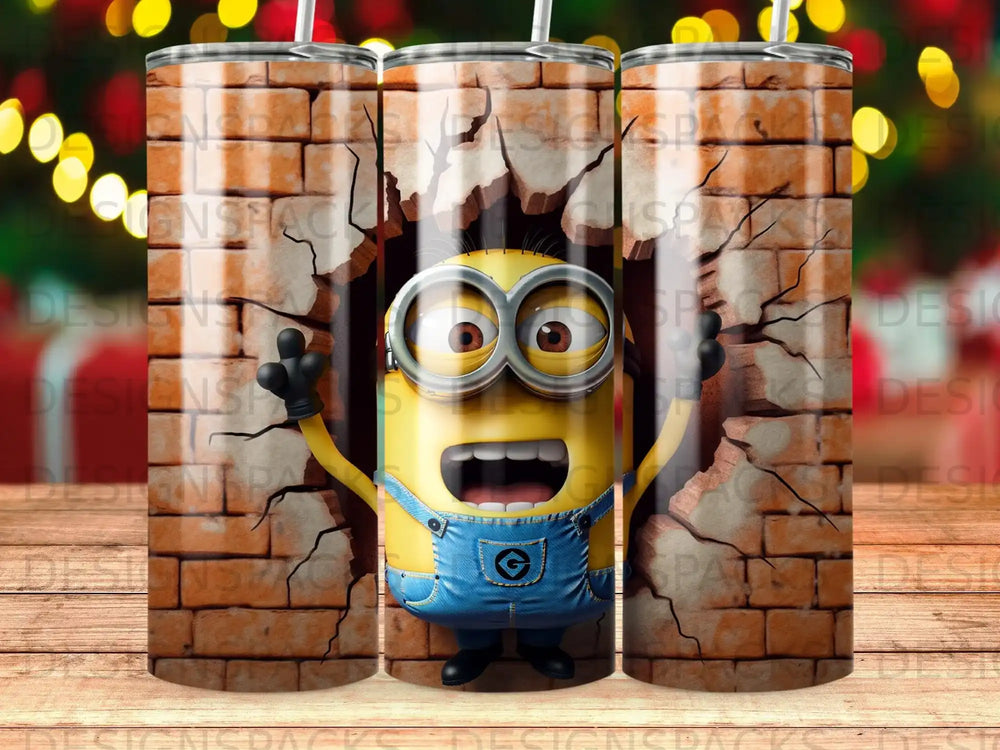 Minion character breaking through a brick wall on a tumbler.