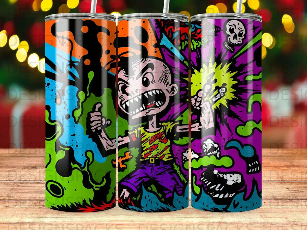 Cartoon boy with angry expression, bright graffiti style, on three tumblers.