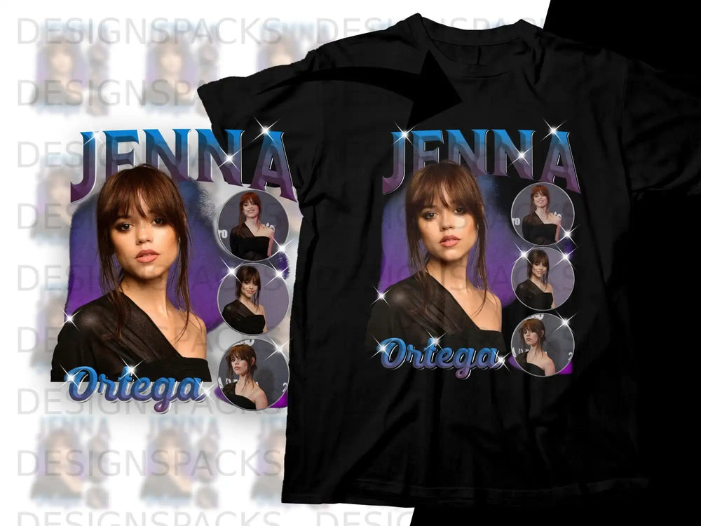 Jenna Ortega graphic t-shirt with her name and multiple portraits.