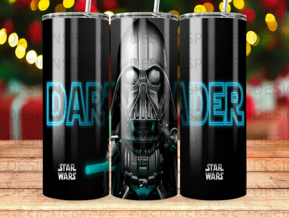 Darth Vader and Star Wars logo on a black tumbler.