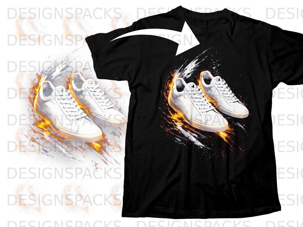 Black t-shirt with graphic of white sneakers on fire.