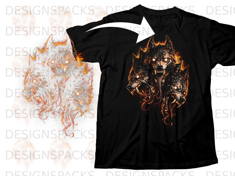 Black t-shirt featuring a graphic of a three-headed hellhound with glowing eyes and fiery accents.