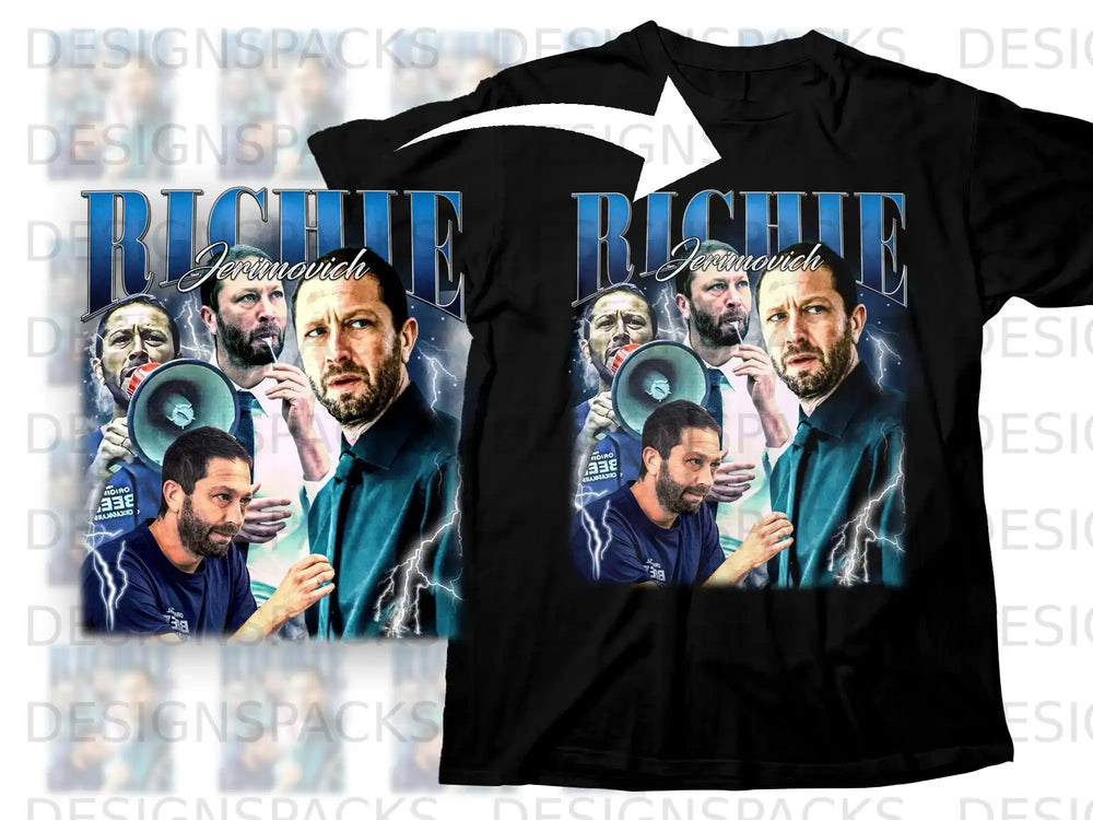 T-shirt with graphic of player Jeramovich in blue shirt and lighting.