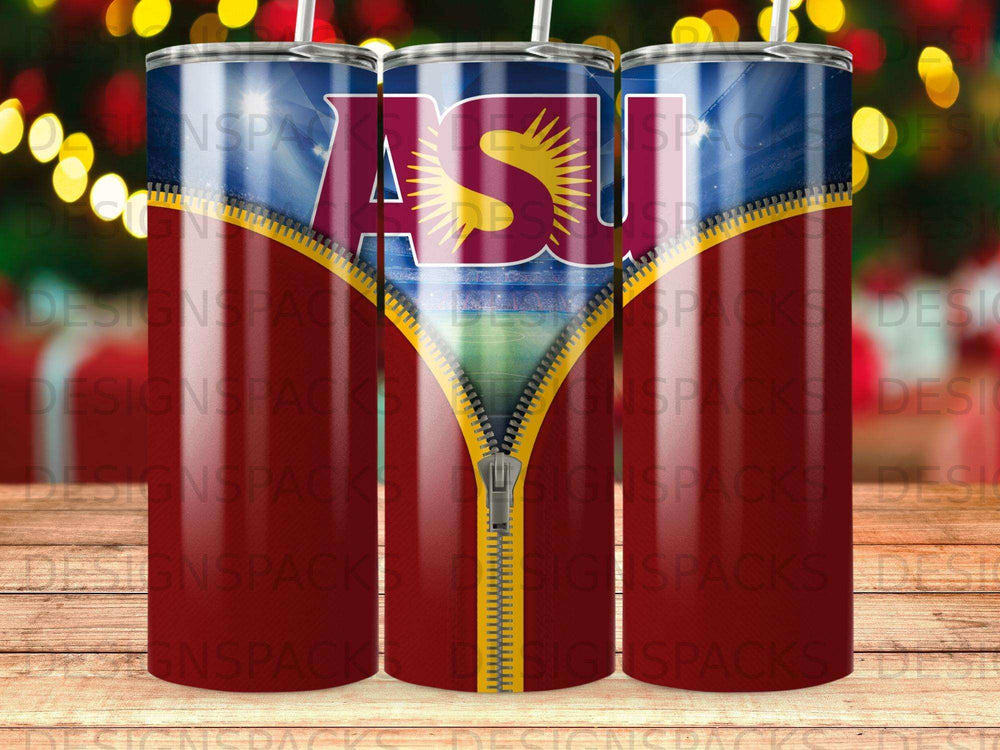 Tumbler with ASU logo and a zipper design.