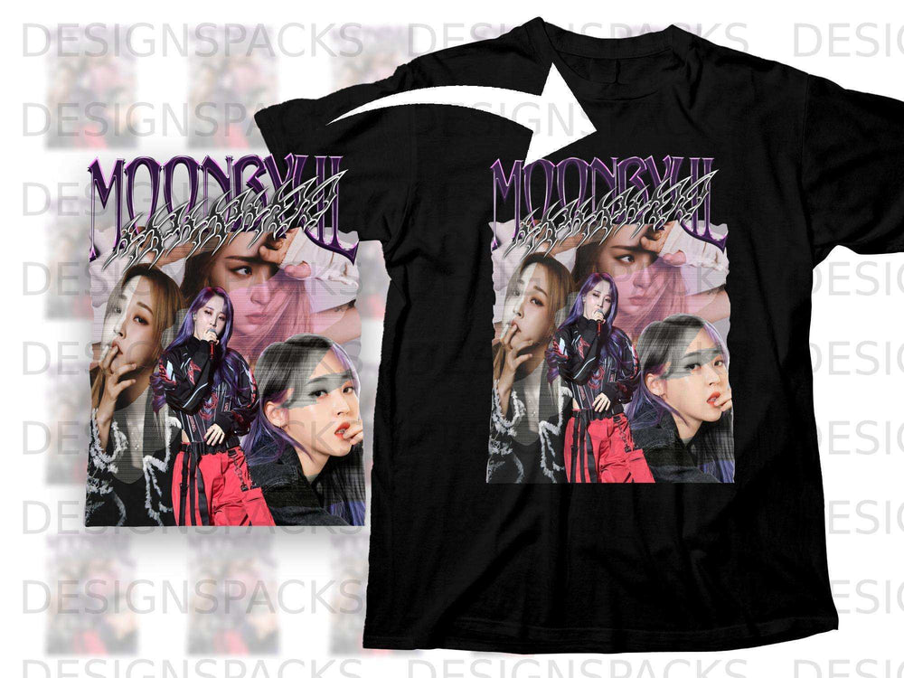 Black t-shirt featuring a graphic of K-pop artist Moonbyul with bold text.